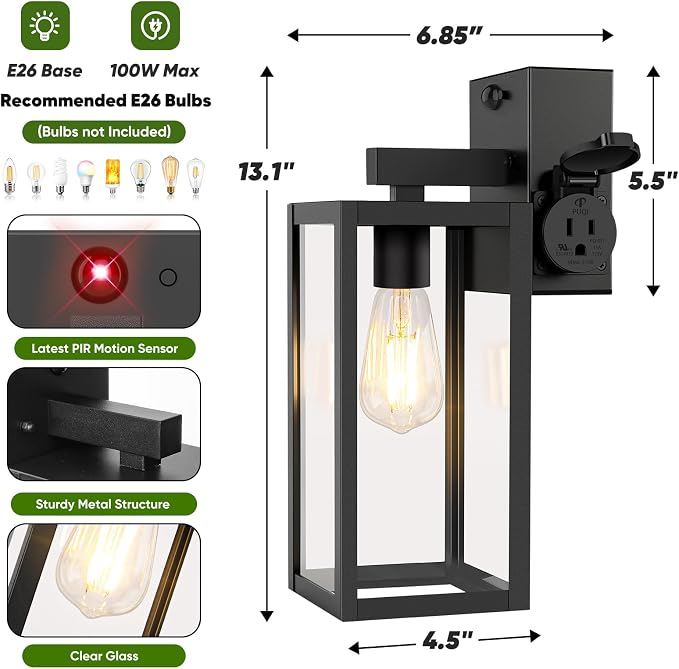 BesLowe 2-Pack Upgraded Motion Sensor Porch Lights with Outlet, Black