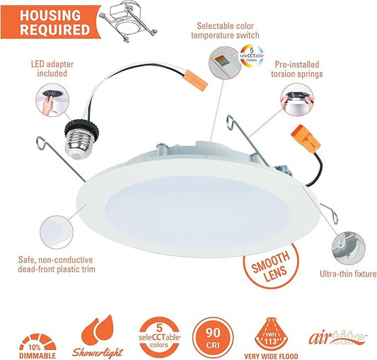 HALO HLBT 4 Pack 6 in Slim LED Recessed Light Trim with Selectable Color Temperature 2700K, 3000K, 3500K, 4000K, 5000K Dimmable Wet Location Indoor Outdoor New Construction Remodel - HLBT609FS5-4PK