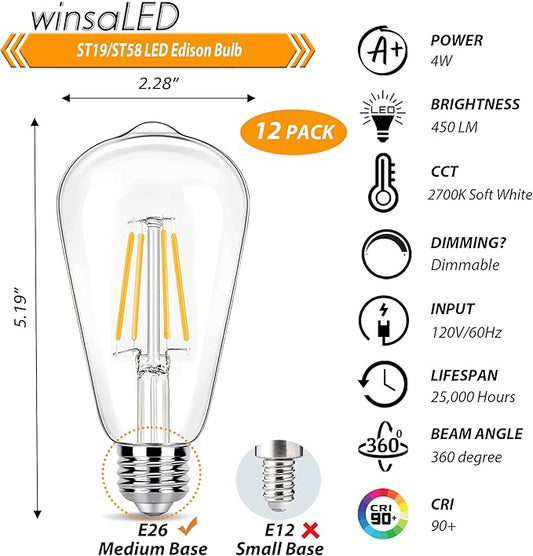 12 Pack Dimmable LED Light Bulbs 40 Watt Equivalent, ST19 Vintage E26 Edison Bulbs, 2700K Soft Warm White 4W LED Bulbs, Antique Filament Decorative Light Bulbs for Light Fixtures