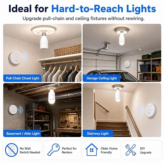 NineLeaf Wireless Motion Sensor Light Bulb Set,260FT,3Sensors 2Bulb Bases | E26/E27, No Wiring, Automatic Motion Activated Light Adapter for Garage, Basement, Closet, Stairway, Hallway,Pull String