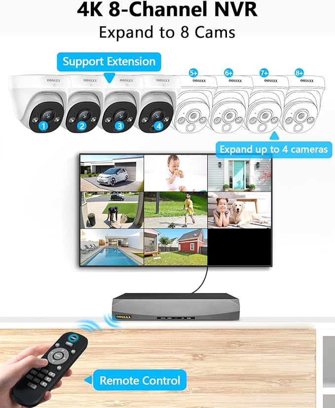 OOSSXX (2026 New) 4K PoE Security Camera System, 8CH NVR w/ 1TB HDD, 4pcs Wired Dome Cameras, 130° Wide Angle, PIR Motion Detection, 2-Way Audio, Remote Control, No Monthly Fee App