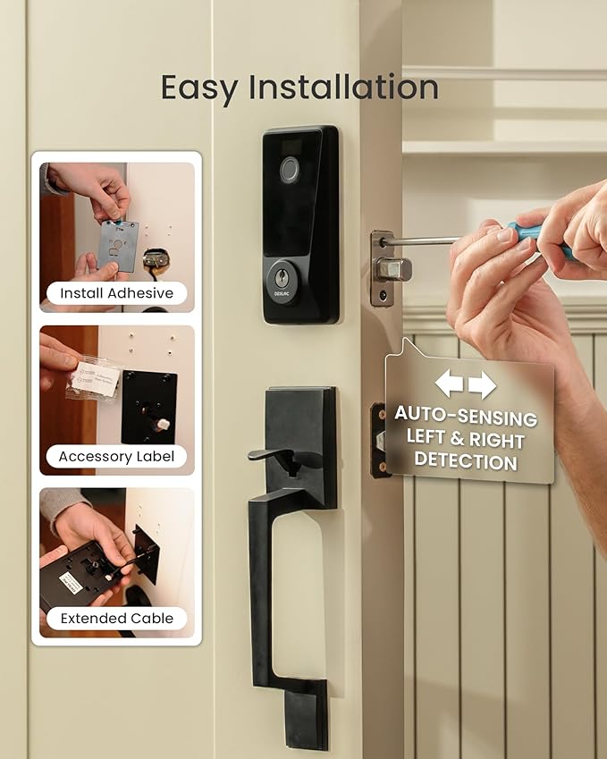 DESLOC D110 Plus Built-in Wi-Fi Smart Lock with Handle Set, Fingerprint Keyless Entry Door Lock, App Remote Control, Smart Locks for Front Door, Keypad deadbolt with Visible Display, Auto-Lock, Black