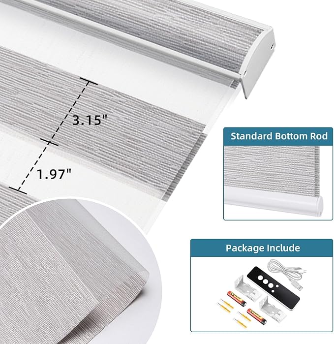 SmartWings Motorized Zebra Blinds with Remote, Custom Size Smart Electric Roller Shades for Windows, Automatic Light Filtering Dual Layer, Cordless Battery Motor, 75mm 60% Blackout Light Grey