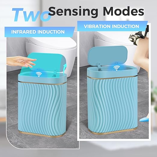 steo spce Bathroom Small Trash Can with Automatic Touchless Lid, 2.6 Gallon Smart Garbage Can Narrow Waterproof Trash Bin for Bedroom, Office, Living Room (Gold Blue)