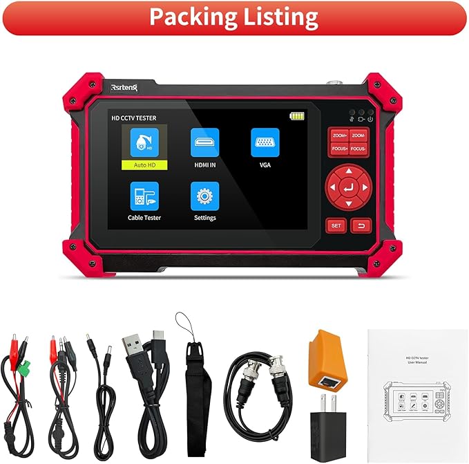 Rsrteng CCTV Tester Monitor Auto HD Coaxial Camera Tester 4K 8MP TVI/CVI/AHD/CVBS Video Monitor 5 inch TFT-LCD Screen Support Cable Tester, HD VGA Input PTZ Control RS485 OSD Menu DC12V Power Output