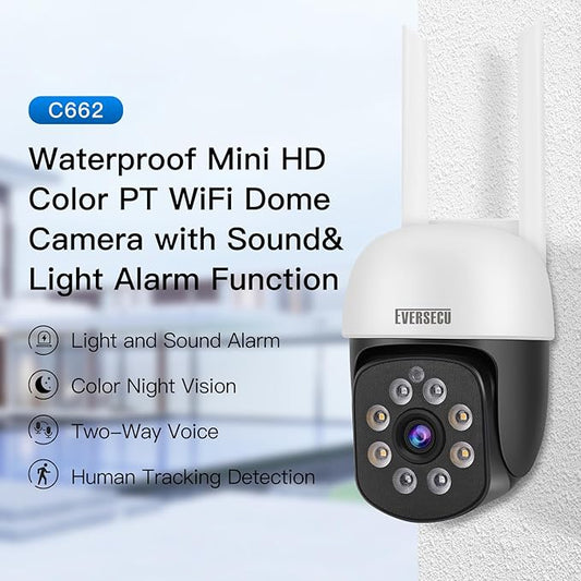 EVERSECU 2K 3.0MP Outdoor WiFi PTZ Security Camera, 2.4G WiFi, Auto Tracking, 2 Way Audio, Color & Infrared Night Vision, Work with Alexa, SD Card & Cloud Storage, ONVlF Compliant RTSP IP CCTV Camera