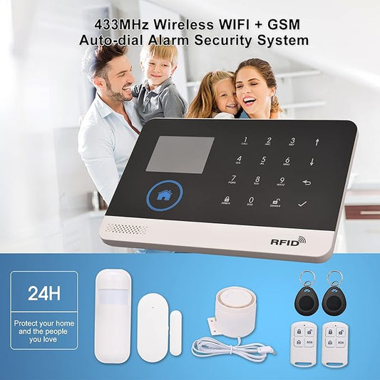 WiFi GSM Home Alarm Security System, 2.4in LCD Wireless DIY Smart Home Burglar Security Alarm System 10 Piece Kit, Compatible with Alexa Google Home Voice Control