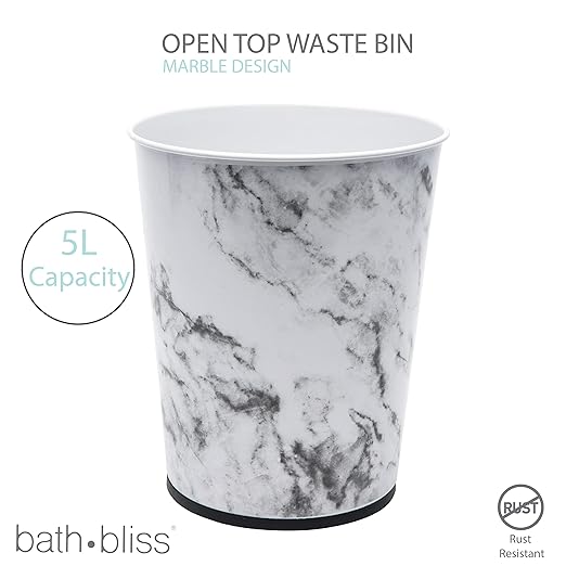 Bath Bliss 5 Liter Small Wastebasket | Round Open Top | Trash Can | Bathroom | Bedroom | Kitchen | Office | Dorm | Disposal Waste Bin | Garbage | Marble (Pack of 12)