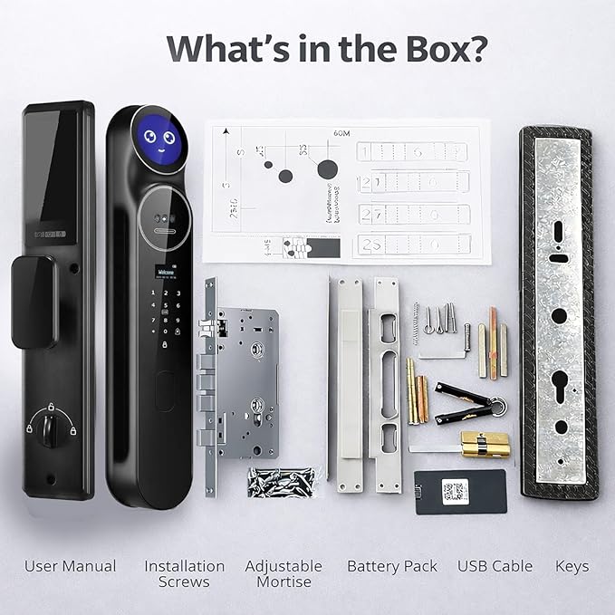 3D Face Recognition Smart Door Lock with Camera: AI Voice commandes, Video Intercom, Palm Vine, Tuya App Access, Biometric Fingerprint& Keyless Entry, Heavy Duty, Aluminum, for Home & Office
