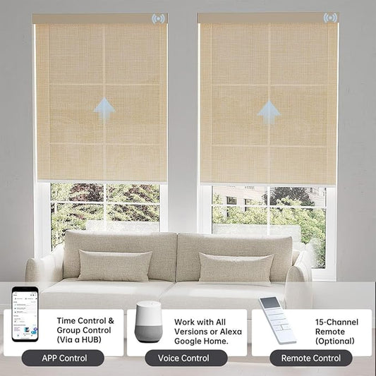 Motorized Blinds with Remote, Light Filtering Smart Blinds for Windows Automatic Roller Shades Compatible with Alexa, Motorized Shades Customized for Living Room Home Office (Light Coffe)
