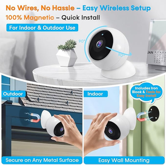 AMTIFO Security Cameras Wireless Outdoor Magnetic - 4-Pack Install-Free Indoor Smart 2K WiFi - Long Battery Life Powered Wireless Security Camera with AI Motion Detection