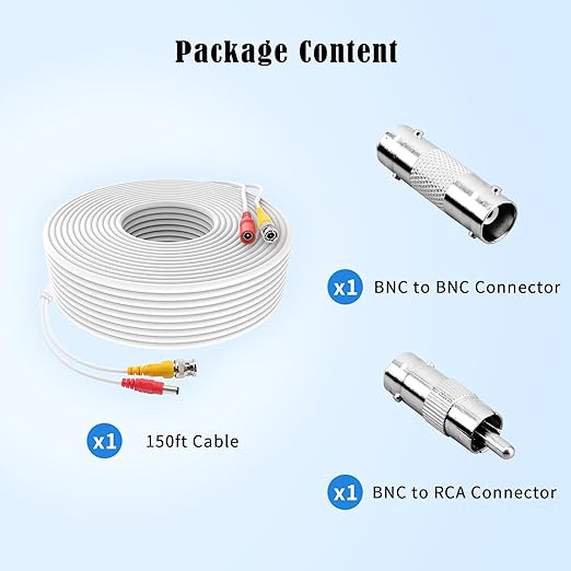 1 Pack 150ft White BNC Video Power Cable Security Camera Cable Wire Cord for CCTV DVR Surveillance System with Connectors (BNC Female and BNC to RCA) (White, 150FT)