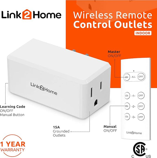 Link2Home Wireless Remote-Control Outlet, 3 Outlets, 1 Remote, White