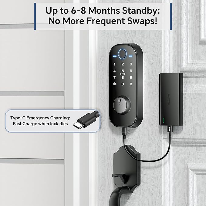 Ulecoce DL08 Fingerprint Smart Deadbolt with App Control, Mate Black | 5‑in‑1 Smart Deadbolt with Remote Control, Auto‑Lock, Touchscreen Keypad, 5 Keys & 2 Fobs, USB‑C Port, ANSI Grade 3 Security