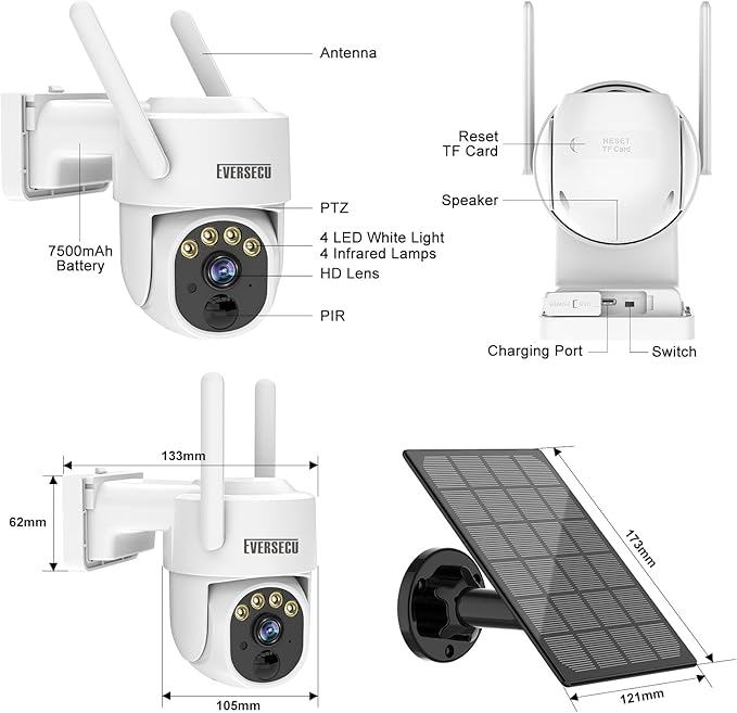 EVERSECU 2K Outdoor-Solar Security Camera Wireless with PTZ 360° View, Smart Siren, Spotlights, Color Night Vision, AI Human Detection, 2-Way Talk, Compatible with Alexa, Cloud/SD Card Storage