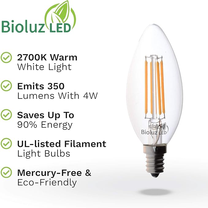 Bioluz LED Light Bulbs 4W Filament Candelabra Bulb, E12 Base High Efficiency LED Light Bulb, UL Listed, Ideal for Home Decor, Long-Lasting LED Bulbs, Bright and Energy Efficient, Pack of 12