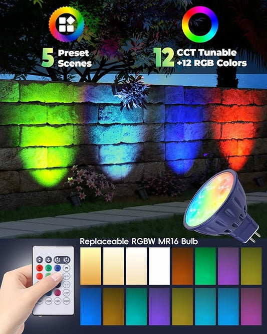 RGBW Color Changing MR16 LED Bulbs, CCT Tunable 2700K to 6500K, Dimmable with Remote Control, Memory Function, GU5.3 Bi-pin Base Light Bulbs for 12V Low Voltage Landscape Lighting 3-Pack