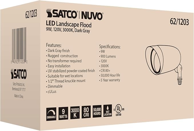 Nuvo Lighting 62/1203 LED Landscape Flood Fixture, Dark Gray, 9W, 120V, 3000 Kelvin Temp, 900 Lumens Output, 50000 Average Rated Hours, Circular LED Module Bulb, Rugged Construction 6.25 in | 900 lumens, Integrated 3000K LED, 50,000-hour life, Adjustab...