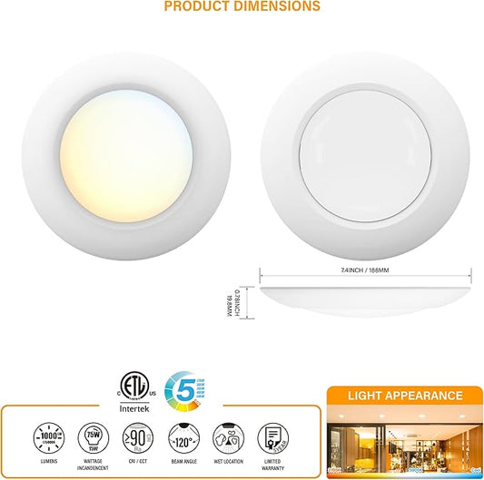 6 Inch LED Low Profile Disk Light with Dusk to Dawn Sensor, 120VAC, 15W, 5CCT Color Changing, 1000LM, Non-Dimmable, ETL, Shower Rated Screw in Photocell Ceiling Light, White/8 Packs