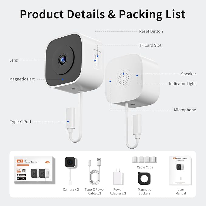 2K No-Drill Window Camera, WiFi Window Cameras for Home Security, 2 Pack