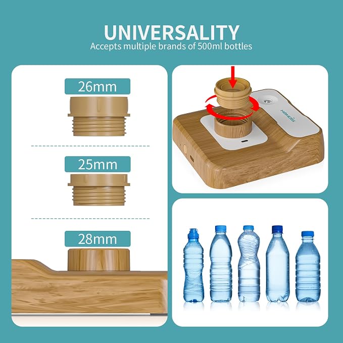 Travel Humidifier, Portable Humidifier for Plants, Bedroom, Office, Hotel or Car, Battery Operated Mini Cool Mist Humidifiers, Quiet 23dB, Auto-off, Night Light & BPA-Free, Wood Grain