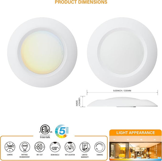 9 Inch LED Disk Light 5CCT Field Selectable Low Profile Screw in Surface Mount Ceiling Light, Round, 18W, 1500 Lumens, CRI80, 5CCT, Driverless, Dimmable, ETL & Wet Listed(8 Packs)