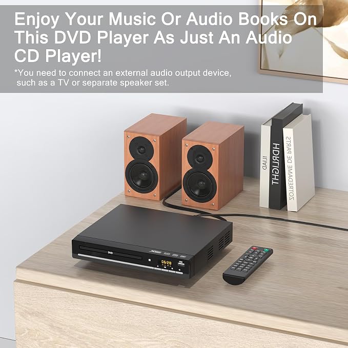 DVD Players for TV with HDMI,Plays All Regions and Formats,CD Player for Home,Support 1080P Video/CD/DVD/VCD/JPEG/USB, Remote, HDMI and RCA Cables Included