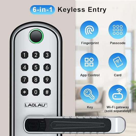 B04 Fingerprint Electronic Door Lock with Keypad and Handle – Keyless Entry Smart Door Lock, Remote APP Control, Code Unlock, Silver, Smart Locks for Front Door, Home, Office Use
