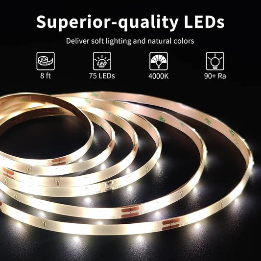LED Strip Lights, 8ft LED Light Strip, 12V 4000K Neutral White Tape Light with PU Coating, LED Lights for Bedroom, Kitchen, Mirror, Home Decor, ETL Listed