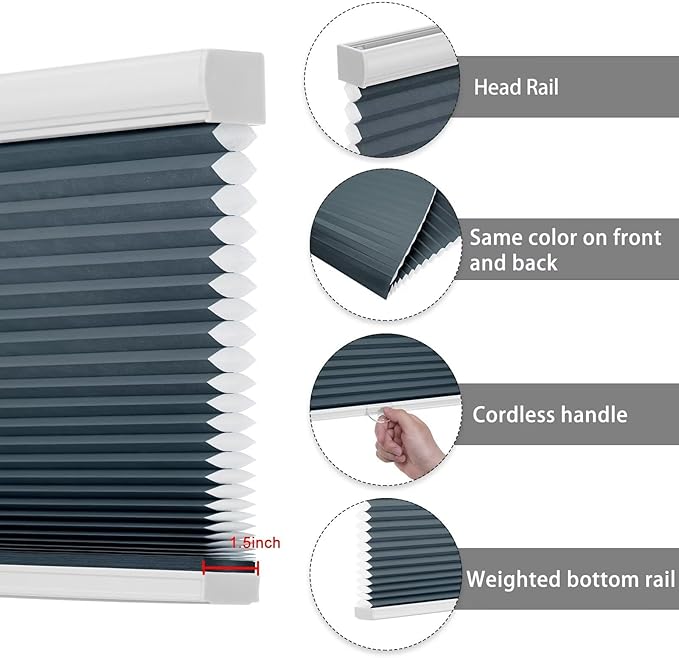 Changshade Cellular Shades Light Filtering Cordless Custom Size, Honeycomb Door Window Blinds 1.5 inch Cell Pleated Easy to Install for Home, Office, Apartment, House, Bedroom, Nursey, Dark Blue