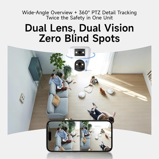 VSTARCAM 2K Dual Lens Security Camera Indoor, Free Cloud & SD Storage, No-Drill Ceiling Mount, 360° PTZ & Wide Angle, WiFi 6 2.4/5G, Color Night Vision, Motion Alerts, 6-Month Battery, 2-Way Talk