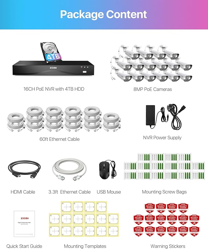 ZOSI 32CH 4K PoE Security Camera System, 16x 8MP Outdoor Wired Cameras, AI Human/Vehicle Detection, 2 Way Audio, Color Night Vision, 16 Port 32 Channel NVR with 4TB HDD for Business 24/7 Recording