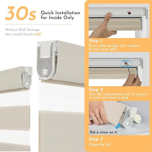 Persilux Custom Size Motorized No Drill Zebra Blackout Blinds, Smart Zebra Drilless Automatic Dual Layer,Quick Install,Privacy Electric No Tools Zebra Blinds for Home,Beige,RS20288-10