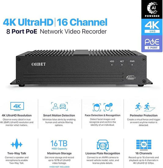 DahuaSecurity Advanced 16Ch 8 PoE Port Digital Video Recorder with 3TB HDD 4K HDMI Output and Smart Surveillance Features NVR for Home Security Camera System (NVR-16ch-8POE-3)