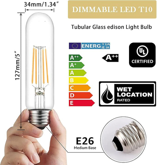 5 Inch Edison Bulb, 2700K Soft White E26 Led Bulb 6W Dimmable, 800LM T10 T9 Bulb Clear Glass Tubular Light Bulbs, AC 120V Equal 80 Watt Bulbs for Chandelier Pendant Wall Light - 6Pack