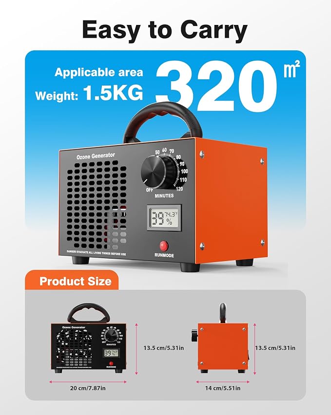 Ozone Generator - 120,000 mg/h Ozone Generator for Large Spaces up to 5000 Sq.Ft, Air Purifier with Temp & Humidity Display, 120-Min Timer, Ozone Machine for Cars, Homes, Hotels, Kitchens & Pet Areas