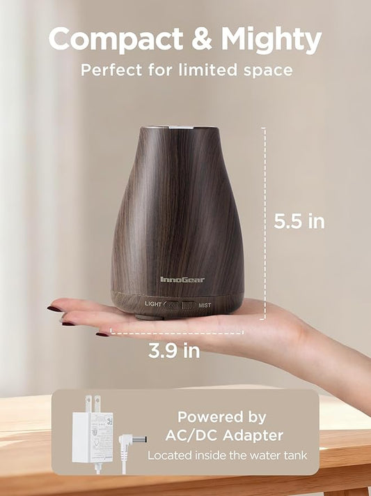 InnoGear Essential Oil Diffuser, Ultrasonic Diffusers for Home Aromatherapy Humidifier for Mother's Gift Bedroom Room 7 Colors LED 2 Mist Mode Auto Off, Brown