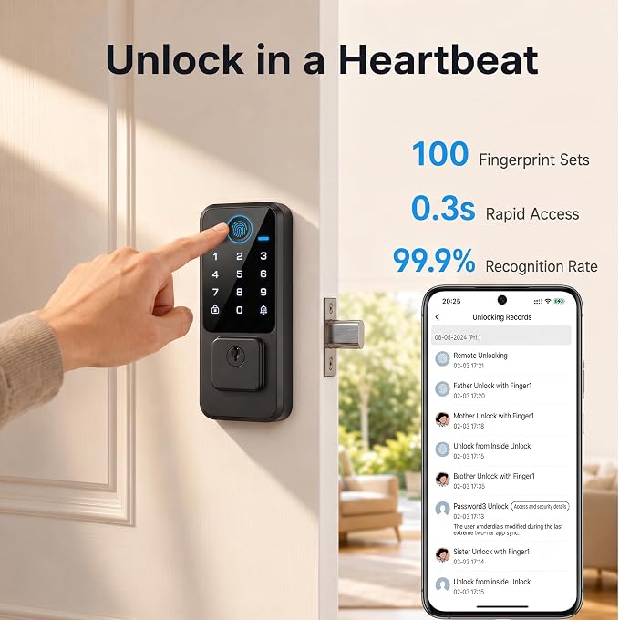 WiFi Smart Door Lock - Keyless Entry Door Lock for Front Door, Fingerprint Door Lock with App Control, 5-in-1 Touchscreen Deadbolt with 6 Keys & 2 NFC Cards, Built-in 2.4G WiFi