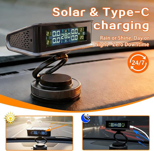 Tire Pressure Monitoring System with Magsafe Car Mount, Solar and USB Charger Tire Pressure Monitor with 4 External Sensors & 6 Alarm Modes, Real-time Wireless TPMS for Car Sedan SUV Pickup