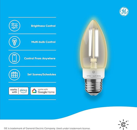 Cync GE Smart LED Light Bulb, B11 Candle Light Bulb – Works with Amazon Alexa & Google Home, 60W Equivalent, Soft White, 2.4GHz WiFi (4-Pack)