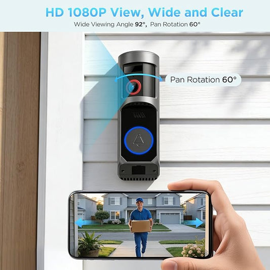 Wireless Battery Video Doorbell Camera 1080P with Chime, 92° Angle View with Pan Rotation 60°, Two Way Audio, AI Motion Detection, IR Night Vision and Cloud Storage, 2.4G Wi-Fi only