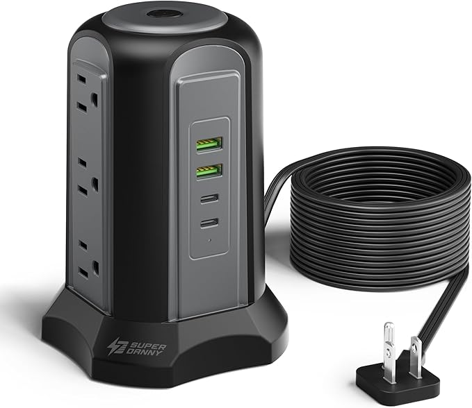 15Ft Extension Cord Power Strip Tower Surge Protector, Desktop Charging Station with Multiple Outlets, 9 Outlets, 4 USB (2 USB-C), 1080J, Multiple Protections Outlet Extender for Home, Office, Dorm