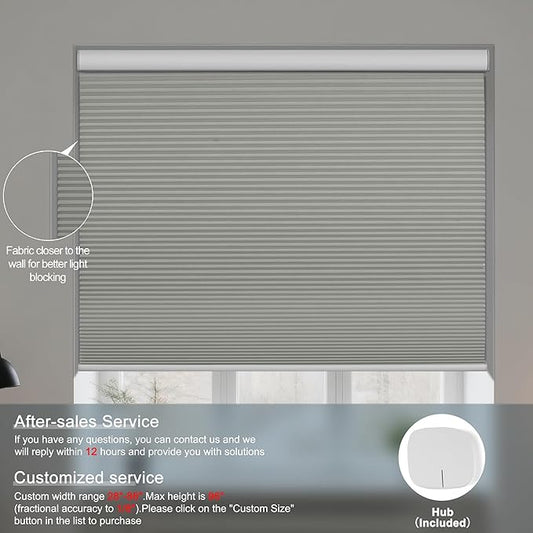 BERISSA Motorized Cellular Shades, Blackout Smart Honeycomb Blinds with Remote Control & Hub, Custom Room Darkening Automatic Cellular Window Blinds for Home Office, Living Room, Door,Gray