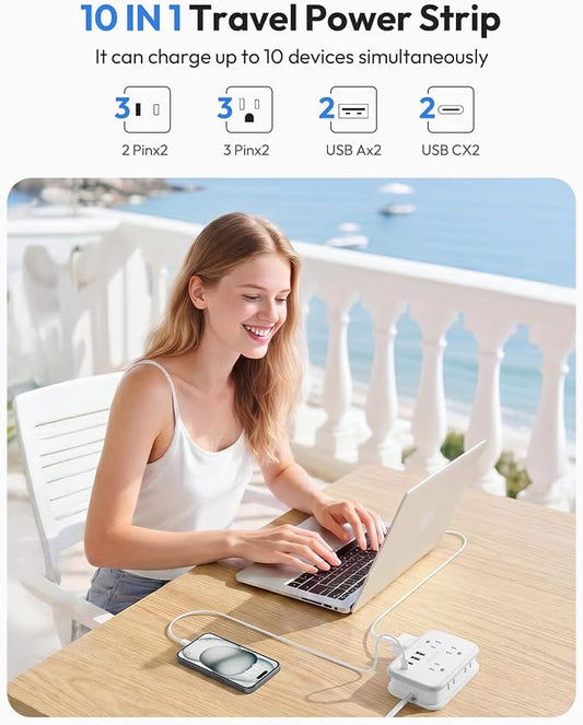 NTONPOWER 10 in 1 Travel Power Strip, 6 Outlets 4 USB Ports(2 USB C), 4ft Extension Cord Wrapped Around Small Power Strip, Compact for Travel, Hotel, Cruise Approved, White