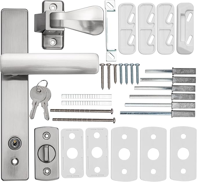 Ideal Security EL Keyed Lever Mount Latch with Deadbolt, Surface Mount Storm Door Handle Replacement, 2 Posts with Tie Down Screw, Satin Chrome