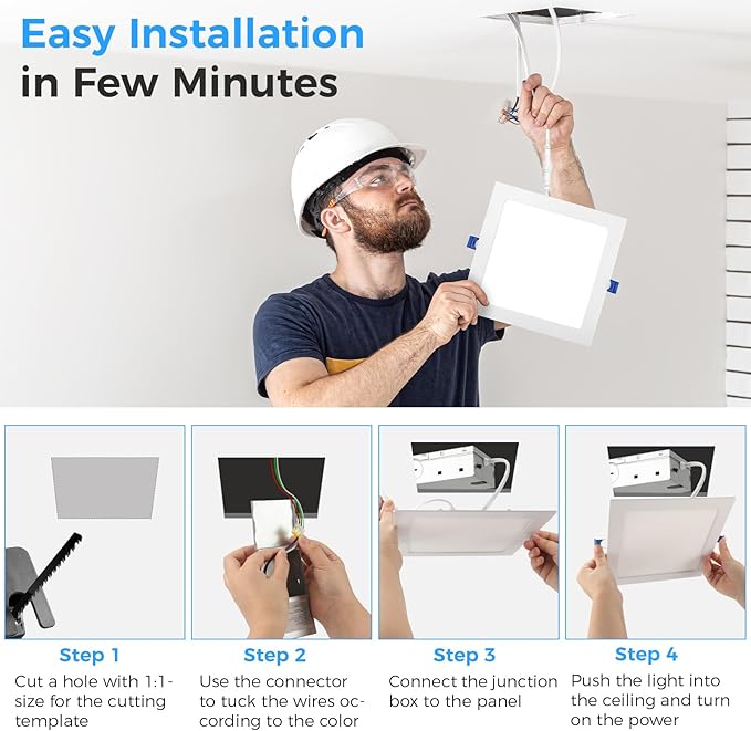 HONZIN 1 Pack 12 Inch Square Recessed Lighting, 5CCT Ultra-Thin LED Downlight, 2700K/3000K/3500K/4000K/5000K Selectable, Dimmable, 24W, IC Rated Canless Ceiling Lights with Junction Box, White Trim