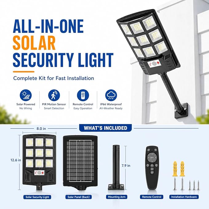 Sunwish 4 Pack Solar Lights Outdoor 6500K Solar Street Lights Outdoor, Solar Dusk to Dawn Outdoor Lights with RemoteControl, Motion Sensor IP66 Waterproof Flood Lights for Garden Yard Parking Lot