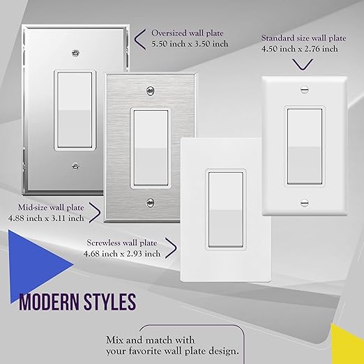 ENERLITES Decorator Paddle Light Switch with Wall Plates, Wall Decor Switch, Single Pole, 3 Wire, Grounding Screw, Residential Grade, 15A 120V/277V, UL Listed, White