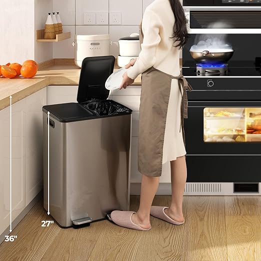 Goplus Dual Trash Can, 16 Gallon/ (2x30L) Double Trash and Recycling Bin Combo for Kitchen, Stainless Steel Garbage Can with 2 Removable Inner Buckets, Soft Closure & Step-on Pedal