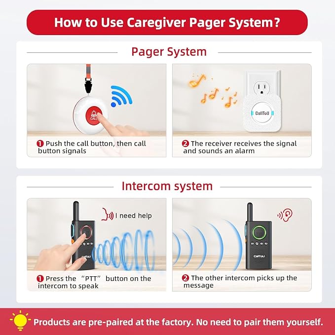 CallToU Caregiver Pager Wireless Alert Button Home Wireless Intercom System | Easy Use, Red Walkie Talkies for Seniors Long Range Room Intercoms 2 Way Radio for Elderly/Patient/Adults/Home/Office